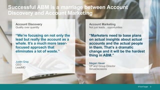 ©TechTarget 5
Successful ABM is a marriage between Account
Discovery and Account Marketing
Account Discovery
Quality over quantity
“We’re focusing on not only the
lead but really the account as a
whole. It’s a much more laser-
focused approach that
eliminates a lot of waste.”
Justin Gray
CEO
LeadMD
Account Marketing
Not just leads…opportunities
“Marketers need to base plans
on actual insights about actual
accounts and the actual people
in them. That’s a dramatic
change and it will be the hardest
thing in ABM.”
Megan Heuer
VP and Group Director
SiriusDecisions
 