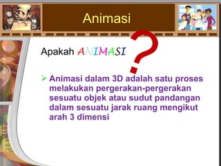 Apakah ANIMASI 
 Animasi dalam 3D adalah satu proses
melakukan pergerakan-pergerakan
sesuatu objek atau sudut pandangan
dalam sesuatu jarak ruang mengikut
arah 3 dimensi
Animasi 
?
 