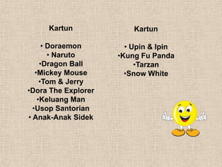 Kartun
• Doraemon
• Naruto
•Dragon Ball
•Mickey Mouse
•Tom & Jerry
•Dora The Explorer
•Keluang Man
•Usop Santorian
• Anak-Anak Sidek
Kartun
• Upin & Ipin
•Kung Fu Panda
•Tarzan
•Snow White
 