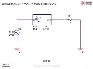 回路図
5
PSpice Copyright (CC) Siam Bee Technologies 2015
LOPASSを活用したローパスフィルタの設定方法について
IN OUT
100Hz
10Hz 1dB
50dBV1
1Vac
0Vdc
R1
1k
00
 