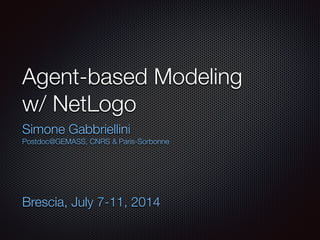 Agent-based Modeling
w/ NetLogo
Simone Gabbriellini
Postdoc@GEMASS, CNRS & Paris-Sorbonne
!
!
!
Brescia, July 7-11, 2014
 