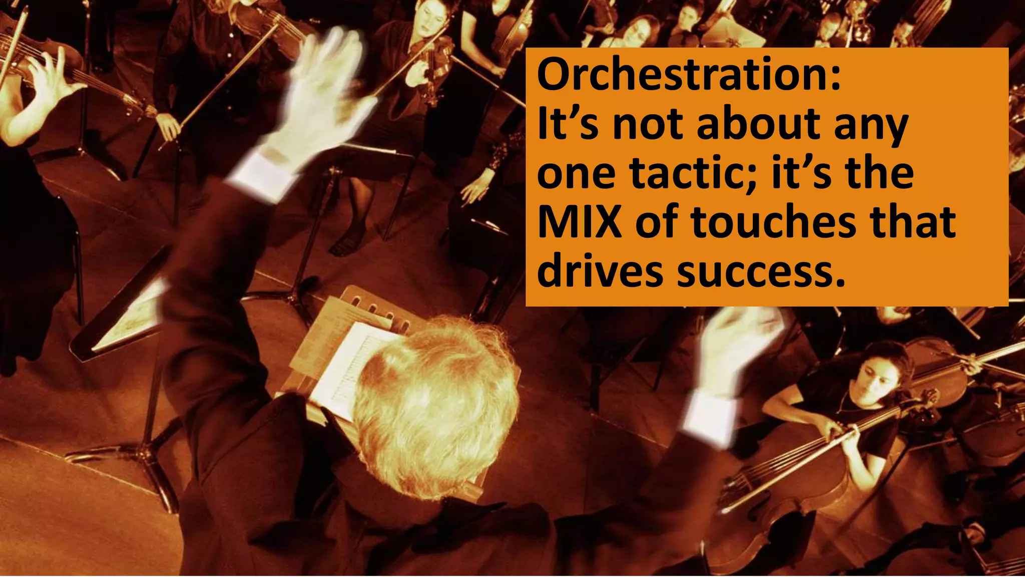 Orchestration:
It’s not about any
one tactic; it’s the
MIX of touches that
drives success.
 
