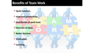 Quick Solution.
 Improved productivity.
 Distribution of work load.
 Diversity of Ideas.
 Better decision.
 Motivation.
 Learning.
Benefits of Team Work
 