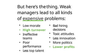 But here’s thething. Weak
managers lead to all kinds
of expensive problems:
• Low morale
• High turnover
• Ineffective
teams
• Poor
performance
• Less top talent
• Bad hiring
decisions
• Toxic attitudes
• Less innovation
• More politics
• Lower profits
 