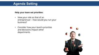 Agenda Setting
Help your team set priorities:
• View your role as that of an
entreprenuer – how would you run your
business?
• Consider how your team’s priorities
and decisions impact other
departments
 