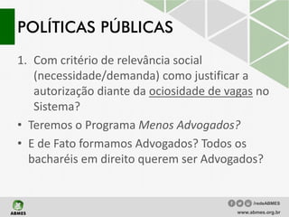 POLÍTICAS PÚBLICAS
1. Com critério de relevância social
(necessidade/demanda) como justificar a
autorização diante da ociosidade de vagas no
Sistema?
• Teremos o Programa Menos Advogados?
• E de Fato formamos Advogados? Todos os
bacharéis em direito querem ser Advogados?
www.abmes.org.br
/redeABMES
 