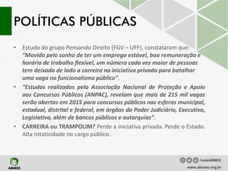 POLÍTICAS PÚBLICAS
• Estudo do grupo Pensando Direito (FGV – UFF), constataram que:
“Movido pelo sonho de ter um emprego estável, boa remuneração e
horário de trabalho flexível, um número cada vez maior de pessoas
tem deixado de lado a carreira na iniciativa privada para batalhar
uma vaga no funcionalismo público”.
• “Estudos realizados pela Associação Nacional de Proteção e Apoio
aos Concursos Públicos (ANPAC), revelam que mais de 215 mil vagas
serão abertas em 2015 para concursos públicos nas esferas municipal,
estadual, distrital e federal, em órgãos do Poder Judiciário, Executivo,
Legislativo, além de bancos públicos e autarquias”.
• CARREIRA ou TRAMPOLIM? Perde a iniciativa privada. Perde o Estado.
Alta rotatividade no cargo público.
www.abmes.org.br
/redeABMES
 