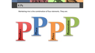 4 Ps
Marketing mix is the combination of four elements. They are:
Product
Place
Price
Promotion
 