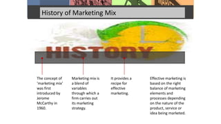 History of Marketing Mix
• • •
The concept of
‘marketing mix’
was first
introduced by
Jerome
McCarthy in
1960.
Marketing mix is
a blend of
variables
through which a
firm carries out
its marketing
strategy.
It provides a
recipe for
effective
marketing.
Effective marketing is
based on the right
balance of marketing
elements and
processes depending
on the nature of the
product, service or
idea being marketed.
•
 