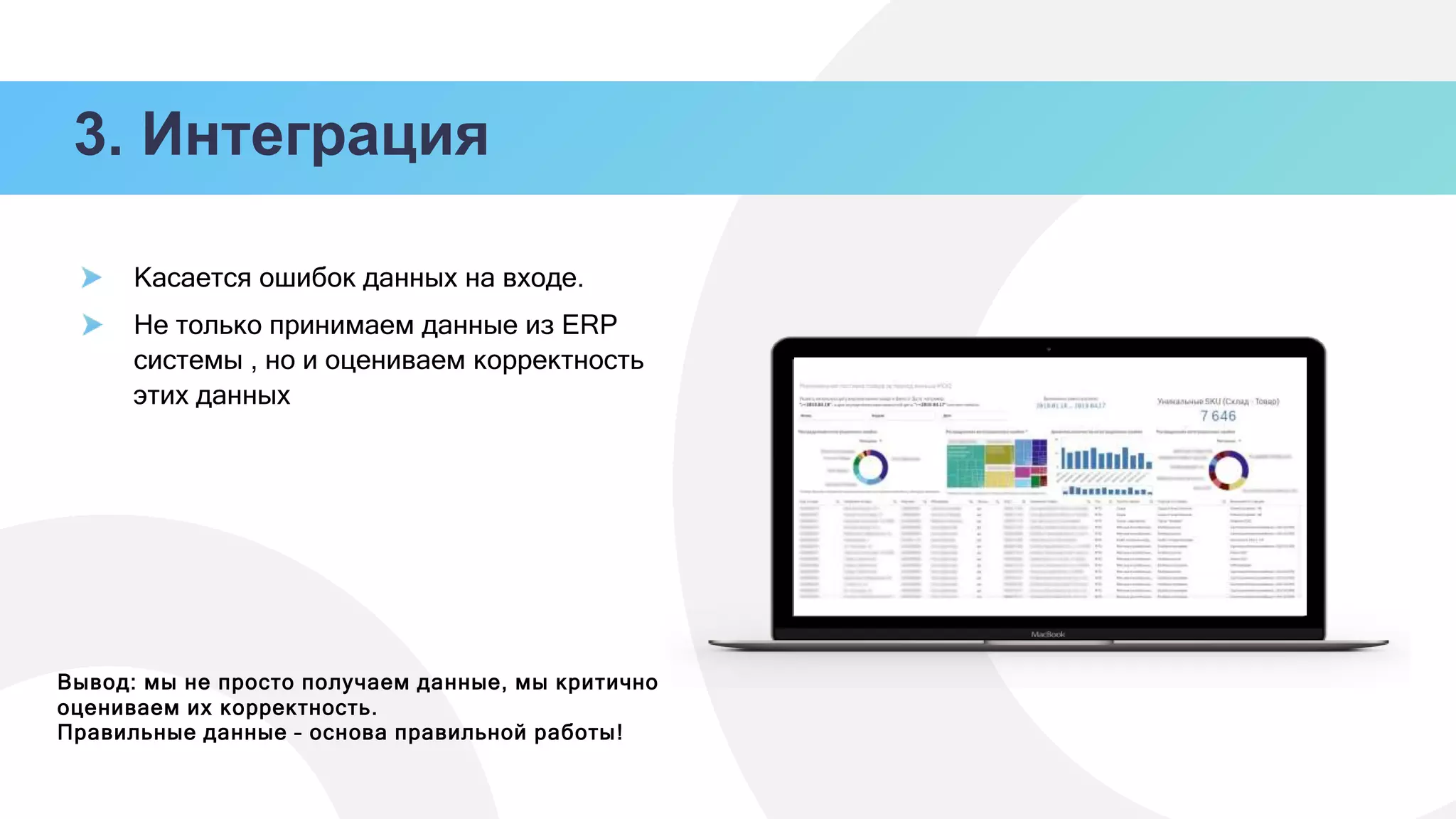 Касается ошибок данных на входе.
Не только принимаем данные из ERP
системы , но и оцениваем корректность
этих данных
3. Интеграция
Вывод: мы не просто получаем данные, мы критично
оцениваем их корректность.
Правильные данные – основа правильной работы!
 