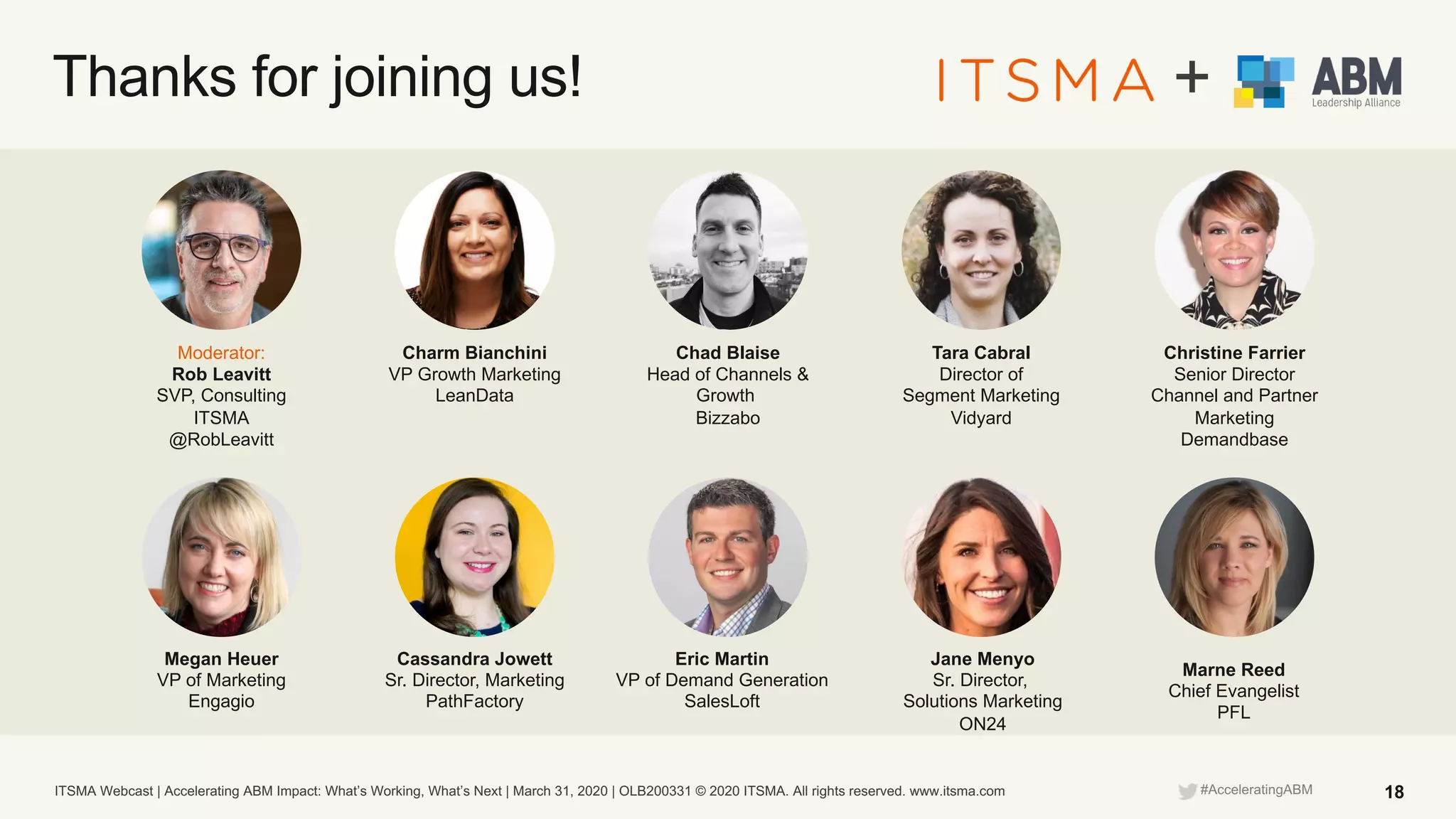 ITSMA Webcast | Accelerating ABM Impact: What’s Working, What’s Next | March 31, 2020 | OLB200331 © 2020 ITSMA. All rights reserved. www.itsma.com 18#AcceleratingABM
+Thanks for joining us!
Chad Blaise
Head of Channels &
Growth
Bizzabo
Moderator:
Rob Leavitt
SVP, Consulting
ITSMA
@RobLeavitt
Charm Bianchini
VP Growth Marketing
LeanData
Christine Farrier
Senior Director
Channel and Partner
Marketing
Demandbase
Tara Cabral
Director of
Segment Marketing
Vidyard
Megan Heuer
VP of Marketing
Engagio
Cassandra Jowett
Sr. Director, Marketing
PathFactory
Eric Martin
VP of Demand Generation
SalesLoft
Jane Menyo
Sr. Director,
Solutions Marketing
ON24
Marne Reed
Chief Evangelist
PFL
 