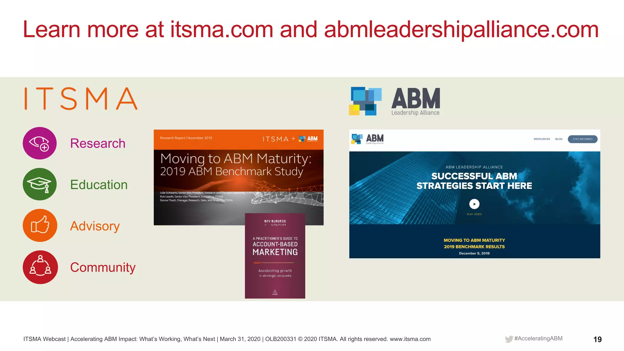 ITSMA Webcast | Accelerating ABM Impact: What’s Working, What’s Next | March 31, 2020 | OLB200331 © 2020 ITSMA. All rights reserved. www.itsma.com 19#AcceleratingABM
Add
Research
Education
Advisory
Community
Learn more at itsma.com and abmleadershipalliance.com
 