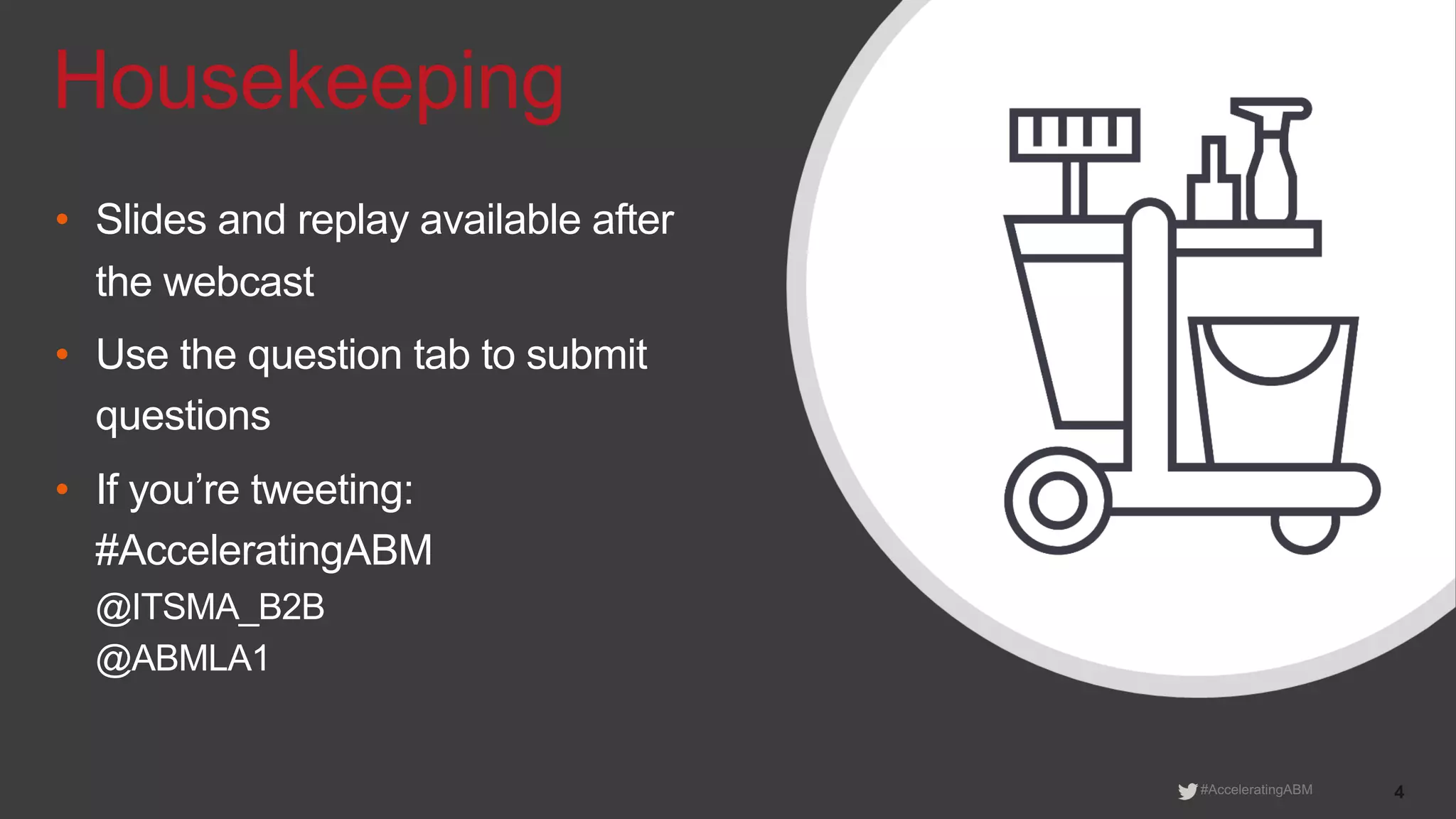 ITSMA Webcast | Accelerating ABM Impact: What’s Working, What’s Next | March 31, 2020 | OLB200331 © 2020 ITSMA. All rights reserved. www.itsma.com 4#AcceleratingABM
Housekeeping
• Slides and replay available after
the webcast
• Use the question tab to submit
questions
• If you’re tweeting:
#AcceleratingABM
@ITSMA_B2B
@ABMLA1
 