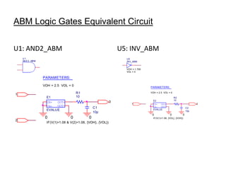 ABM Logic Gates Equivalent Circuit
U1: AND2_ABM U5: INV_ABM
IN+
IN-
OUT+
OUT-
E1
IF(V(1)>1.08 & V(2)>1.08, {VOH}, {VOL})
EVALUE
R1
10
C1
10p
000
3
1
2
PARAMETERS:
VOL = 0VOH = 2.5
IN+
IN-
OUT+
OUT-
E2
IF(V(1)>1.08, {VOL}, {VOH})
EVALUE
R2
10
C2
10p
000
1 2
PARAMETERS:
VOL = 0VOH = 2.5
V1
TD = {1/FREQ}
TF = 1n
PW = {D/FREQ}
PER = {1/FREQ}
V1 = 0
TR = 1n
V2 = 1.709
PARAMETERS:
FREQ = 152kHz
D = 0.36
tdly = 80n
0
Rdly 1
1k
N4
CHDR
1nCdly 1
{tdly /1k}
0
0
Rdly 2
1k
N3
0
Cdly 2
{tdly /1k}
HDR
LDR
N1
U1
AND2_ABM
VOH = 12
VOL = 0
Dclmp
DHDR1
U2
AND2_ABM
VOH = 8
VOL = 0
N2
N5
Dclmp
DHDR2
N7
RHDR1
0.01
U5
INV_ABM
VOH = 1.709
VOL = 0
RHDR2
0.01
N6
 