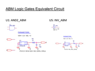 ABM Logic Gates Equivalent Circuit                     PARAMETERS:
                                                       FREQ = 152kHz
                                                                                                                            DHDR1    RHDR1
                                                       D = 0.36                      U1                                     Dclmp    0.01
                                                       tdly = 80n                    AND2_ABM                                     N7

                                                                 Rdly 1                                    N5                     N6
                                                                          N4                                                                              HDR
                                                                                                                            Dclmp RHDR2               CHDR
                                                                 1k

U1: AND2_ABM                                                U5: INV_ABM   0
                                                                               Cdly 1
                                                                               {tdly /1k}
                                                                                                       VOH = 12
                                                                                                       VOL = 0
                                                                                                                            DHDR2 0.01
                                                                                                                                                  0
                                                                                                                                                      1n




                                                                      U5                                             U2
                                                                      INV_ABM                                        AND2_ABM
                                                       N1                                   N2
                                                                                                 Rdly 2
                                                                                                          N3                                              LDR
                                                                      VOH = 1.709
                                                                      VOL = 0
                                                                                                 1k
                                                            V1                                                 Cdly 2             VOH = 8
       PARAMETERS:                                                                                             {tdly /1k}         VOL = 0
                                                            TD = {1/FREQ}
                                                            TR = 1n                                        0
                                                            TF = 1n
       VOH = 2.5 VOL = 0                                0   V1 = 0                                    PARAMETERS:
                                                            V2 = 1.709
                            R1                              PW = {D/FREQ}                             VOH = 2.5 VOL = 0
1                                                           PER = {1/FREQ}
         E1                 10                                                                                                   R2
                                                                                                          E2                     10
         IN+  OUT+                                 3
                                                                           1                              IN+  OUT+                                   2
         IN-  OUT-                                                                                        IN-  OUT-
                                       C1                                                                                                   C2
         EVALUE                                                                                           EVALUE
                                                                                                                                            10p
                                       10p
                                                                                                       0                     0         0
        0               0          0                                                                      IF(V(1)>1.08, {VOL}, {VOH})
2
         IF(V(1)>1.08 & V(2)>1.08, {VOH}, {VOL})
 
