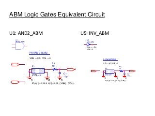 ABM Logic Gates Equivalent Circuit
U1: AND2_ABM U5: INV_ABM
IN+
IN-
OUT+
OUT-
E1
IF(V(1)>1.08 & V(2)>1.08, {VOH}, {VOL})
EVALUE
R1
10
C1
10p
000
3
1
2
PARAMETERS:
VOL = 0VOH = 2.5
IN+
IN-
OUT+
OUT-
E2
IF(V(1)>1.08, {VOL}, {VOH})
EVALUE
R2
10
C2
10p
000
1 2
PARAMETERS:
VOL = 0VOH = 2.5
V1
TD = {1/FREQ}
TF = 1n
PW = {D/FREQ}
PER = {1/FREQ}
V1 = 0
TR = 1n
V2 = 1.709
PARAMETERS:
FREQ = 152kHz
D = 0.36
tdly = 80n
0
Rdly 1
1k
N4
CHDR
1nCdly 1
{tdly /1k}
0
0
Rdly 2
1k
N3
0
Cdly 2
{tdly /1k}
HDR
LDR
N1
U1
AND2_ABM
VOH = 12
VOL = 0
Dclmp
DHDR1
U2
AND2_ABM
VOH = 8
VOL = 0
N2
N5
Dclmp
DHDR2
N7
RHDR1
0.01
U5
INV_ABM
VOH = 1.709
VOL = 0
RHDR2
0.01
N6
 