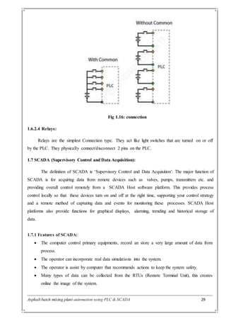 Asphalt batch mixing plant automation using PLC & SCADA 29
Fig 1.16: connection
1.6.2.4 Relays:
Relays are the simplest Connection type. They act like light switches that are turned on or off
by the PLC. They physically connect/disconnect 2 pins on the PLC.
1.7 SCADA (Supervisory Control and Data Acquisition):
The definition of SCADA is ‘Supervisory Control and Data Acquisition’. The major function of
SCADA is for acquiring data from remote devices such as valves, pumps, transmitters etc. and
providing overall control remotely from a SCADA Host software platform. This provides process
control locally so that these devices turn on and off at the right time, supporting your control strategy
and a remote method of capturing data and events for monitoring these processes. SCADA Host
platforms also provide functions for graphical displays, alarming, trending and historical storage of
data.
1.7.1 Features of SCADA:
 The computer control primary equipments, record an store a very large amount of data from
process.
 The operator can incorporate real data simulations into the system.
 The operator is assist by computer that recommends actions to keep the system safety.
 Many types of data can be collected from the RTUs (Remote Terminal Unit), this creates
online the image of the system.
 