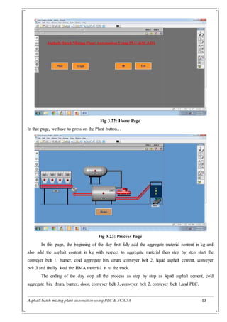 Asphalt batch mixing plant automation using PLC & SCADA 53
Fig 3.22: Home Page
In that page, we have to press on the Plant button…
Fig 3.23: Process Page
In this page, the beginning of the day first fully add the aggregate material content in kg and
also add the asphalt content in kg with respect to aggregate material then step by step start the
conveyer belt 1, burner, cold aggregate bin, drum, conveyer belt 2, liquid asphalt cement, conveyer
belt 3 and finally load the HMA material in to the truck.
The ending of the day stop all the process as step by step as liquid asphalt cement, cold
aggregate bin, drum, burner, door, conveyer belt 3, conveyer belt 2, conveyer belt 1,and PLC.
 