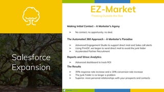 Salesforce
Expansion
Making Initial Contact – A Marketer’s Agony
➢ No contact, no opportunity, no deal.
​
The Automated 360 Approach – A Marketer’s Paradise
➢ Advanced Engagement Studio to support direct mail and Sales call alerts
➢ Using PrintSF, we began to send direct mail to avoid the junk folder
➢ Accelerated Partner Recruitment
Reports and Wave Analytics
➢ Advanced dashboard to track ROI
The Results
➢ 35% response rate increase and a 16% conversion rate increase
➢ The Junk Folder is no longer a problem
➢ Superior, more personal relationships with your prospects and contacts
EZ-MarketThinking Outside the Box
 