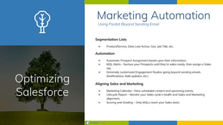 Optimizing
Salesforce
Segmentation Lists
➢ Product/Service, Date Last Active, Geo, Job Title, etc.
Automation
➢ Automatic Prospect Assignment based upon their information.
➢ MQL Alerts - Nurture your Prospects until they’re sales-ready, then assign a Sales
rep.
➢ Extremely customized Engagement Studios going beyond sending emails.
(Notifications, field updates, etc.)
Aligning Sales and Marketing
➢ Marketing Calendar –View scheduled content and upcoming events.
➢ Lifecycle Report – Monitor your Sales cycle’s health and Sales and Marketing
alignment.
➢ Scoring and Grading – Only MQLs reach your Sales team.
Using Pardot Beyond Sending Email
Marketing Automation
 