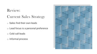 Current Sales Strategy
o Sales find their own leads
o Lead focus is a personal preference
o Cold call leads
o Informal process
Review:
 