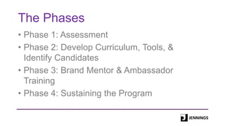 The Phases
• Phase 1: Assessment
• Phase 2: Develop Curriculum, Tools, &
Identify Candidates
• Phase 3: Brand Mentor & Ambassador
Training
• Phase 4: Sustaining the Program
 