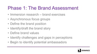 Phase 1: The Brand Assessment
• Immersion research – brand exercises
• Asynchronous focus groups
• Define the brand position
• Identify/draft the brand story
• Define brand values
• Identify challenges and gaps in perceptions
• Begin to identify potential ambassadors
 