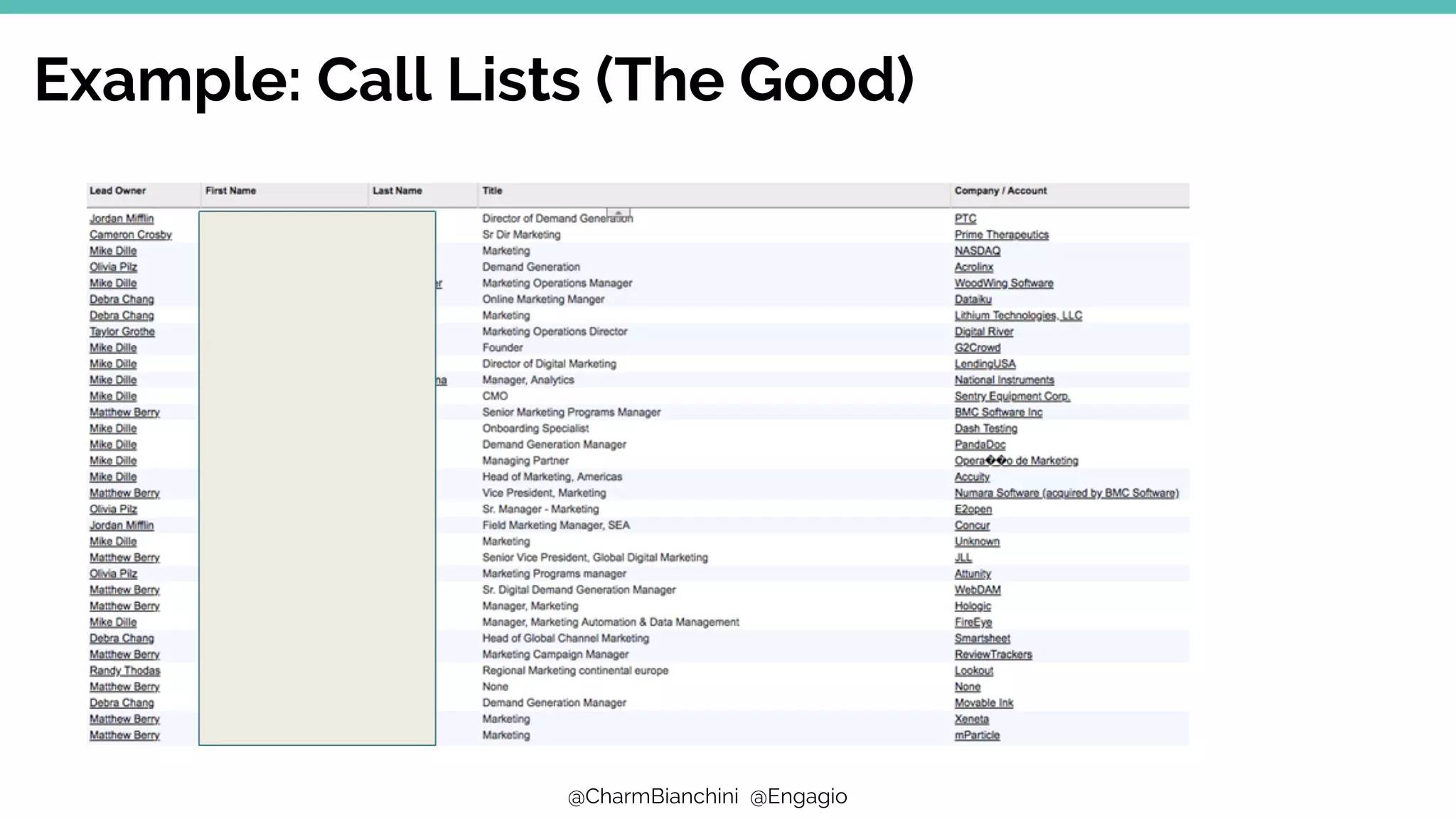 @CharmBianchini @Engagio
Account Intelligence
Example: Call Lists (The Good)
 
