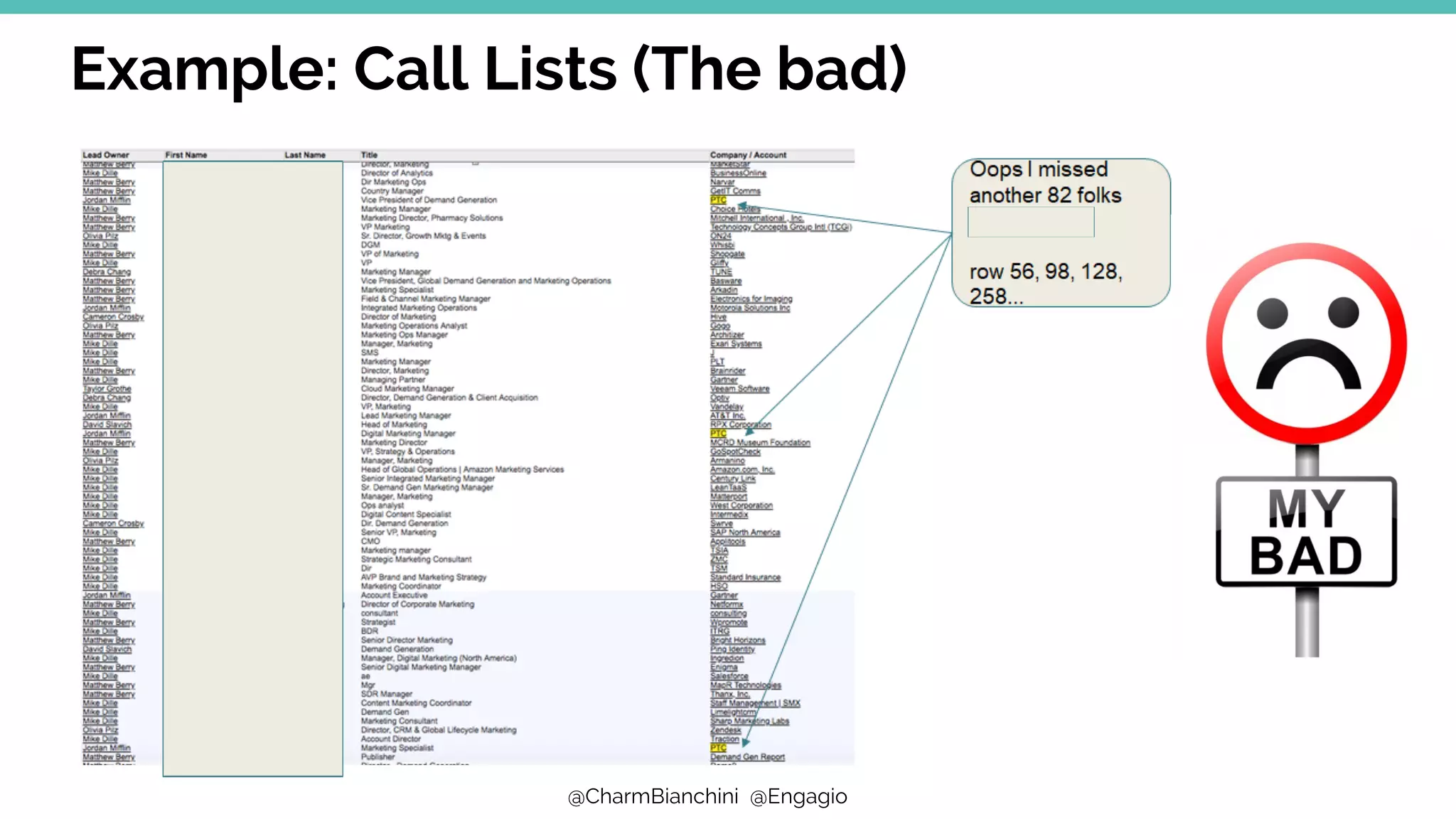 @CharmBianchini @Engagio
Account Intelligence
Example: Call Lists (The bad)
 