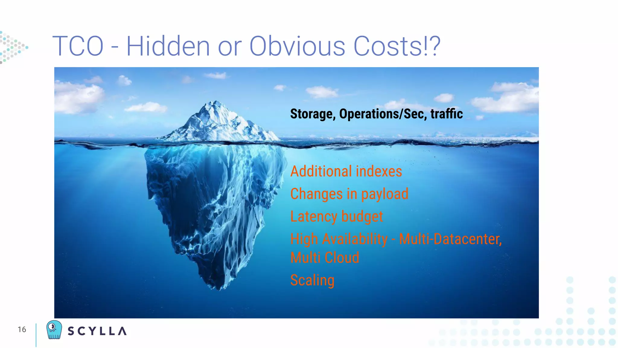 TCO - Hidden or Obvious Costs!?
16
Storage, Operations/Sec, traﬃc
Additional indexes
Changes in payload
Latency budget
High Availability - Multi-Datacenter,
Multi Cloud
Scaling
 