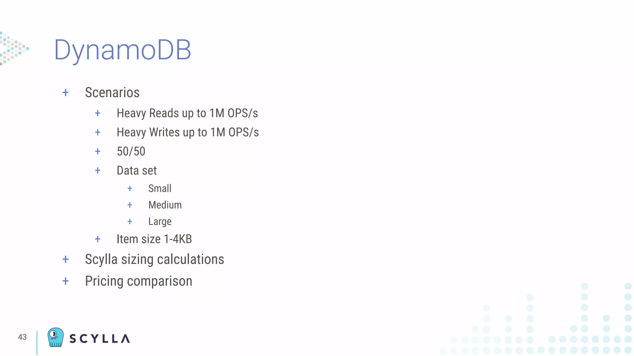43
+ Scenarios
+ Heavy Reads up to 1M OPS/s
+ Heavy Writes up to 1M OPS/s
+ 50/50
+ Data set
+ Small
+ Medium
+ Large
+ Item size 1-4KB
+ Scylla sizing calculations
+ Pricing comparison
DynamoDB
 