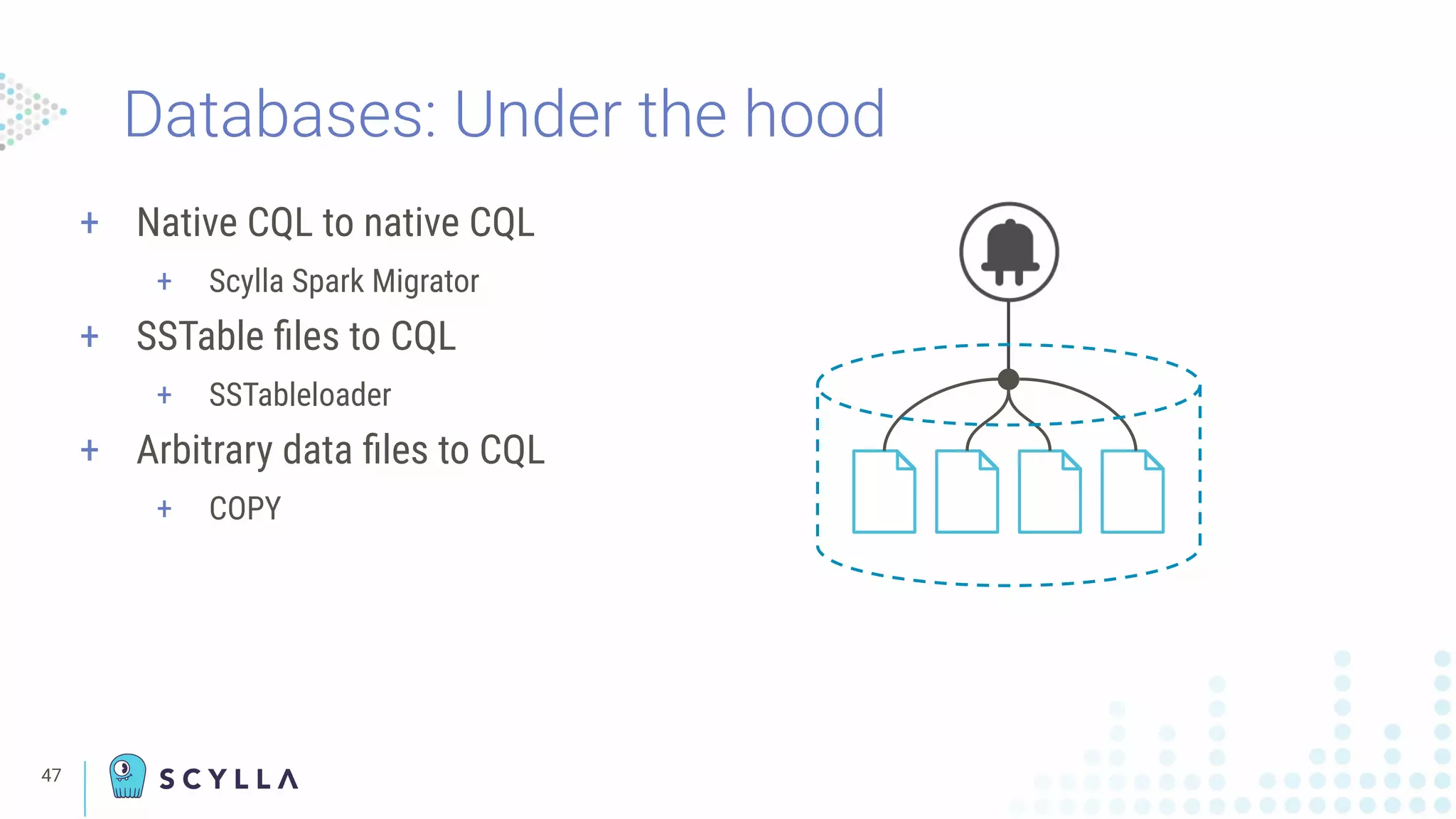 Databases: Under the hood
+ Native CQL to native CQL
+ Scylla Spark Migrator
+ SSTable ﬁles to CQL
+ SSTableloader
+ Arbitrary data ﬁles to CQL
+ COPY
47
 