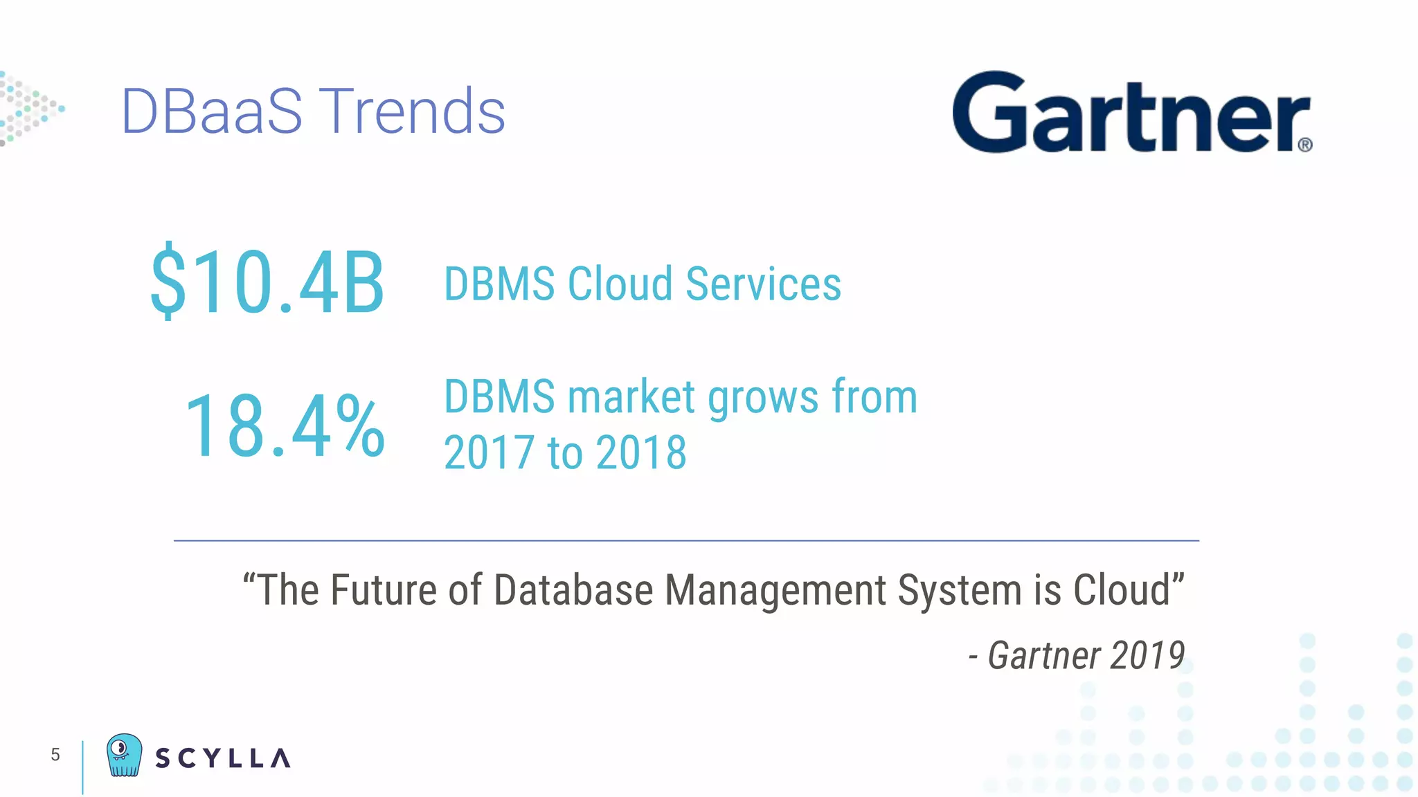 DBaaS Trends
“The Future of Database Management System is Cloud”
- Gartner 2019
5
$10.4B DBMS Cloud Services
18.4%
DBMS market grows from
2017 to 2018
 
