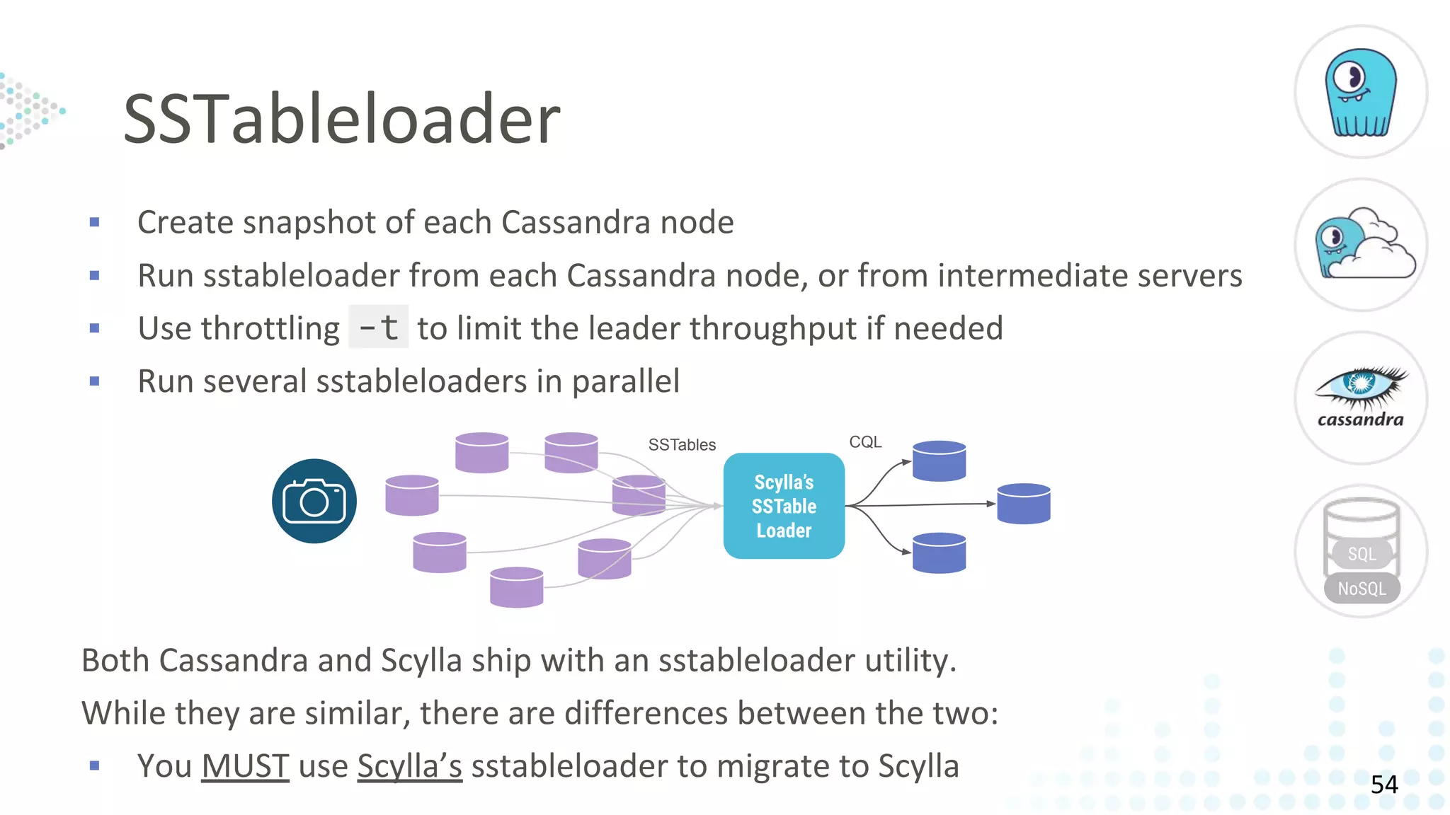 ▪ Create snapshot of each Cassandra node
▪ Run sstableloader from each Cassandra node, or from intermediate servers
▪ Use throttling -t to limit the leader throughput if needed
▪ Run several sstableloaders in parallel
Both Cassandra and Scylla ship with an sstableloader utility.
While they are similar, there are differences between the two:
▪ You MUST use Scylla’s sstableloader to migrate to Scylla
SSTableloader
Scylla’s
SSTable
Loader
SSTables CQL
SQL
NoSQL
54
 