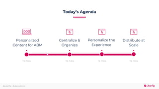 @uberflip | #uberwebinar
Personalized
Content for ABM
Today’s Agenda
Distribute at
Scale
Centralize &
Organize
10 mins 10 mins 10 mins
Personalize the
Experience
10 mins
 