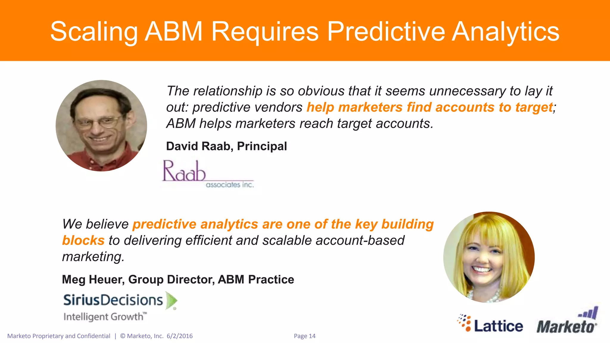 Page 14Marketo Proprietary and Confidential | © Marketo, Inc. 6/2/2016
The relationship is so obvious that it seems unnecessary to lay it
out: predictive vendors help marketers find accounts to target;
ABM helps marketers reach target accounts.
We believe predictive analytics are one of the key building
blocks to delivering efficient and scalable account-based
marketing.
Meg Heuer, Group Director, ABM Practice
David Raab, Principal
Scaling ABM Requires Predictive Analytics
 