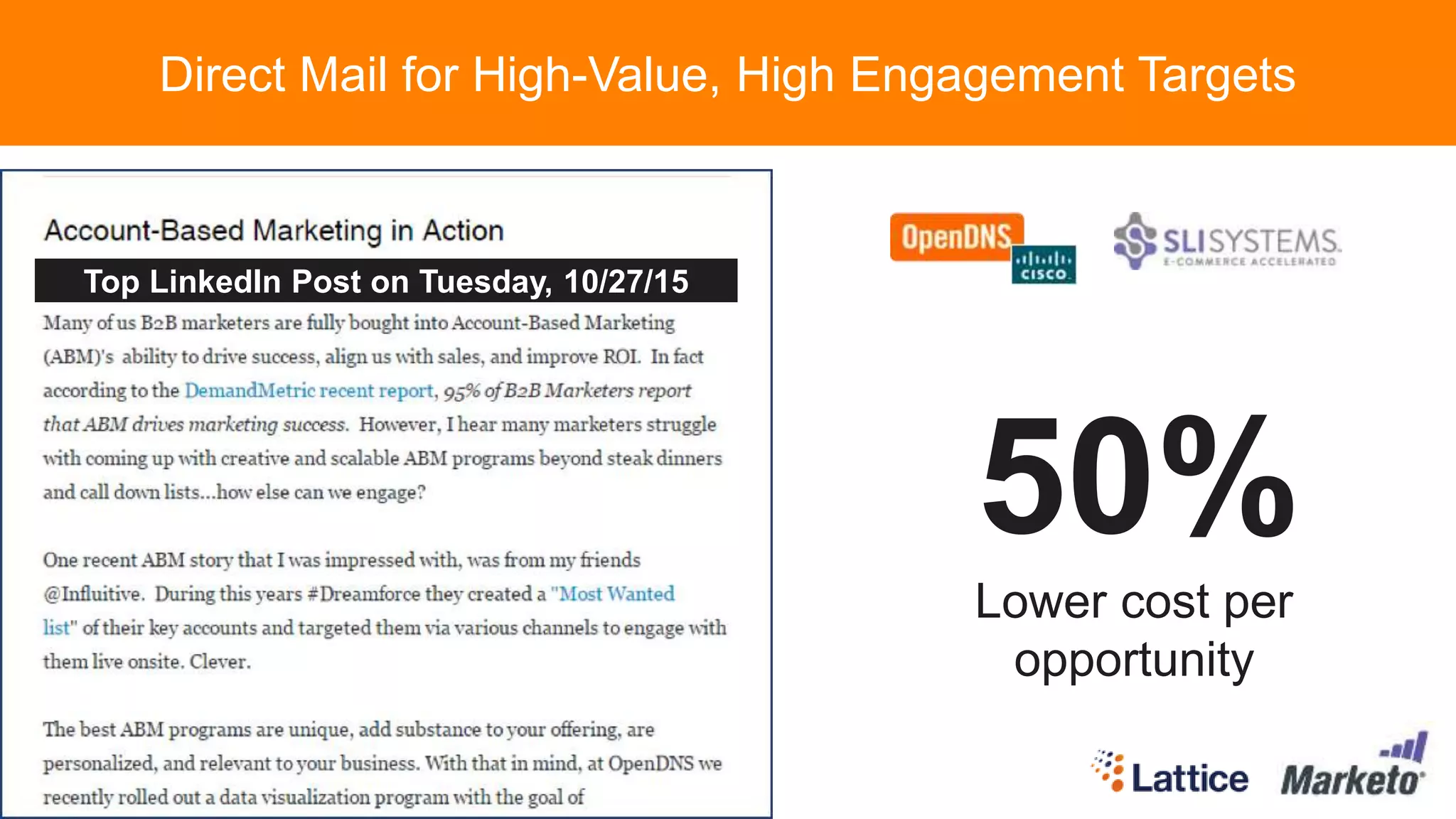 Page 24Marketo Proprietary and Confidential | © Marketo, Inc. 6/2/2016
Top LinkedIn Post on Tuesday, 10/27/15
50%
Lower cost per
opportunity
Direct Mail for High-Value, High Engagement Targets
 