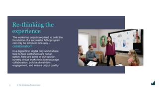 © The Marketing Practice 20203
Re-thinking the
experience
The workshop outputs required to build the
foundation of a successful ABM program
can only be achieved one way –
collaboration!
In a digital first, digital only world where
face to face workshops are not an
option, here are some of our tips for
running virtual workshops to encourage
collaboration, build and maintain
engagement, and ensure output quality.
 