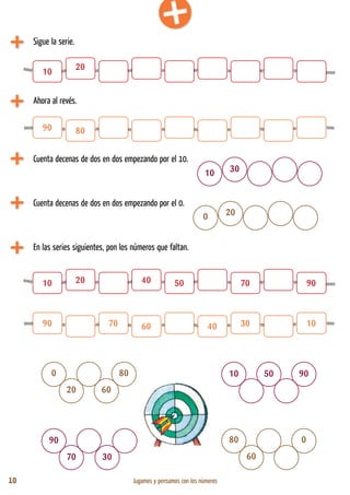 10 Jugamos y pensamos con los números
Sigue la serie.
Ahora al revés.
Cuenta decenas de dos en dos empezando por el 10.
Cuenta decenas de dos en dos empezando por el 0.
En las series siguientes, pon los números que faltan.
10
20
90 80
10 20 40 50 70 90
90 70 60 40 30 10
10 30
0 20
0
20 60
80 10 50 90
90
70 30
80
60
0
 