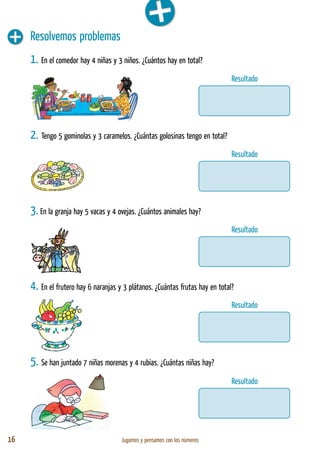 16 Jugamos y pensamos con los números
Resolvemos problemas
1. En el comedor hay 4 niñas y 3 niños. ¿Cuántos hay en total?
2. Tengo 5 gominolas y 3 caramelos. ¿Cuántas golosinas tengo en total?
3. En la granja hay 5 vacas y 4 ovejas. ¿Cuántos animales hay?
4. En el frutero hay 6 naranjas y 3 plátanos. ¿Cuántas frutas hay en total?
5. Se han juntado 7 niñas morenas y 4 rubias. ¿Cuántas niñas hay?
Resultado
Resultado
Resultado
Resultado
Resultado
 