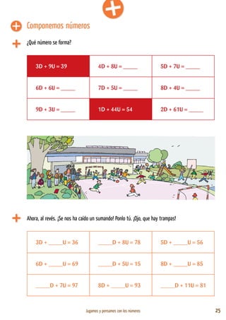 Jugamos y pensamos con los números 25
Componemos números
¿Qué número se forma?
3D + 9U = 39 4D + 8U = _____ 5D + 7U = _____
6D + 6U = _____ 7D + 5U = _____ 8D + 4U = _____
9D + 3U = _____ 1D + 44U = 54 2D + 61U = _____
Ahora, al revés. ¡Se nos ha caído un sumando! Ponlo tú. ¡Ojo, que hay trampas!
3D + _____U = 36 _____D + 8U = 78 5D + _____U = 56
6D + _____U = 69 _____D + 5U = 15 8D + _____U = 85
_____D + 7U = 97 8D + _____U = 93 _____D + 11U = 81
 