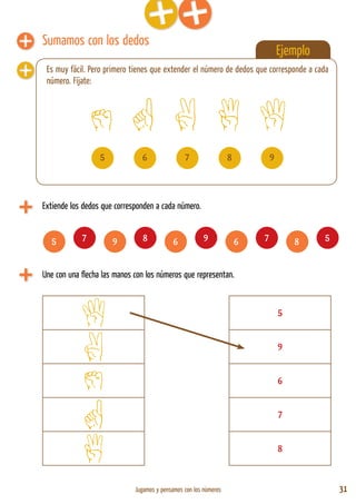 Jugamos y pensamos con los números 31
Sumamos con los dedos
Extiende los dedos que corresponden a cada número.
Ejemplo
Es muy fácil. Pero primero tienes que extender el número de dedos que corresponde a cada
número. Fíjate:
Une con una flecha las manos con los números que representan.
5
9
6
7
8
5 7 9 8 6 9 6 7 8 5
5 6 7 8 9
 