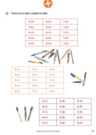 Jugamos y pensamos con los números 33
Practica con tus dedos y completa las tablas.
5+5= 6+5= 7+5=
5+6= 6+6= 7+6=
5+7= 6+7= 7+7=
5+8= 6+8= 7+8=
5+9= 6+9= 7+9=
8+5= 9+5= 5+6=
8+6= 9+6= 6+6=
8+7= 9+7= 7+6=
8+8= 9+8= 8+6=
8+9= 9+9= 9+6=
5+7= 5+8= 5+9=
6+7= 6+8= 6+9=
7+7= 7+8= 7+9=
8+7= 8+8= 8+9=
9+7= 9+8= 9+9=
 