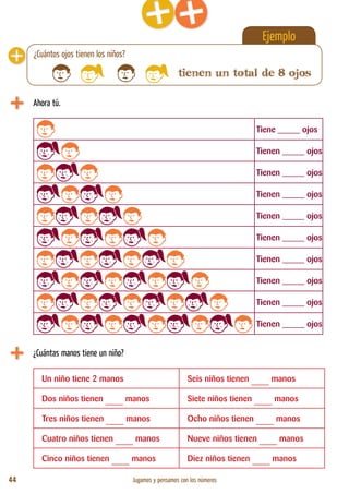44 Jugamos y pensamos con los números
Ejemplo
Ahora tú.
Tiene _____ ojos
Tienen _____ ojos
Tienen _____ ojos
Tienen _____ ojos
Tienen _____ ojos
Tienen _____ ojos
Tienen _____ ojos
Tienen _____ ojos
Tienen _____ ojos
Tienen _____ ojos
tienen un total de 8 ojos
¿Cuántas manos tiene un niño?
Un niño tiene 2 manos Seis niños tienen ____ manos
Dos niños tienen ____ manos Siete niños tienen ____ manos
Tres niños tienen ____ manos Ocho niños tienen ____ manos
Cuatro niños tienen ____ manos Nueve niños tienen ____ manos
Cinco niños tienen ____ manos Diez niños tienen ____ manos
¿Cuántos ojos tienen los niños?
 