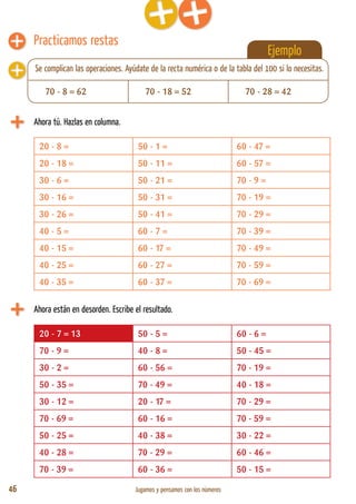 46 Jugamos y pensamos con los números
Ejemplo
Practicamos restas
Ahora tú. Hazlas en columna.
Ahora están en desorden. Escribe el resultado.
20 - 7 = 13 50 - 5 = 60 - 6 =
70 - 9 = 40 - 8 = 50 - 45 =
30 - 2 = 60 - 56 = 70 - 19 =
50 - 35 = 70 - 49 = 40 - 18 =
30 - 12 = 20 - 17 = 70 - 29 =
70 - 69 = 60 - 16 = 70 - 59 =
50 - 25 = 40 - 38 = 30 - 22 =
40 - 28 = 70 - 29 = 60 - 46 =
70 - 39 = 60 - 36 = 50 - 15 =
20 - 8 = 50 - 1 = 60 - 47 =
20 - 18 = 50 - 11 = 60 - 57 =
30 - 6 = 50 - 21 = 70 - 9 =
30 - 16 = 50 - 31 = 70 - 19 =
30 - 26 = 50 - 41 = 70 - 29 =
40 - 5 = 60 - 7 = 70 - 39 =
40 - 15 = 60 - 17 = 70 - 49 =
40 - 25 = 60 - 27 = 70 - 59 =
40 - 35 = 60 - 37 = 70 - 69 =
70 - 8 = 62 70 - 18 = 52 70 - 28 = 42
Se complican las operaciones. Ayúdate de la recta numérica o de la tabla del 100 si lo necesitas.
 