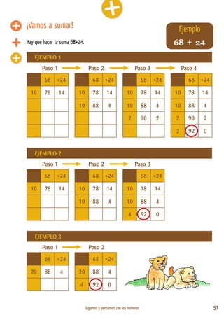 Jugamos y pensamos con los números 51
Ejemplo
EJEMPLO 1
Paso 1 Paso 2 Paso 3 Paso 4
68 +24 68 +24 68 +24 68 +24
10 78 14 10 78 14 10 78 14 10 78 14
10 88 4 10 88 4 10 88 4
2 90 2 2 90 2
2 92 0
EJEMPLO 2
Paso 1 Paso 2 Paso 3
68 +24 68 +24 68 +24
10 78 14 10 78 14 10 78 14
10 88 4 10 88 4
4 92 0
EJEMPLO 3
Paso 1 Paso 2
68 +24 68 +24
20 88 4 20 88 4
4 92 0
¡Vamos a sumar!
Hay que hacer la suma 68+24. 68 + 24
 