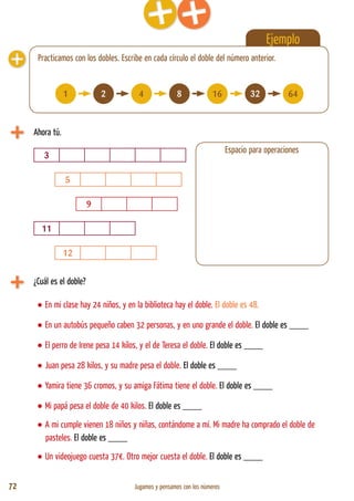 72 Jugamos y pensamos con los números
Ejemplo
Ahora tú.
Practicamos con los dobles. Escribe en cada círculo el doble del número anterior.
3
¿Cuál es el doble?
• En mi clase hay 24 niños, y en la biblioteca hay el doble. El doble es 48.
• En un autobús pequeño caben 32 personas, y en uno grande el doble. El doble es ____
• El perro de Irene pesa 14 kilos, y el de Teresa el doble. El doble es ____
• Juan pesa 28 kilos, y su madre pesa el doble. El doble es ____
• Yamira tiene 36 cromos, y su amiga Fátima tiene el doble. El doble es ____
• Mi papá pesa el doble de 40 kilos. El doble es ____
• A mi cumple vienen 18 niños y niñas, contándome a mí. Mi madre ha comprado el doble de
pasteles. El doble es ____
• Un videojuego cuesta 37€. Otro mejor cuesta el doble. El doble es ____
5
9
11
12
1 2 4 8 16 32 64
Espacio para operaciones
 