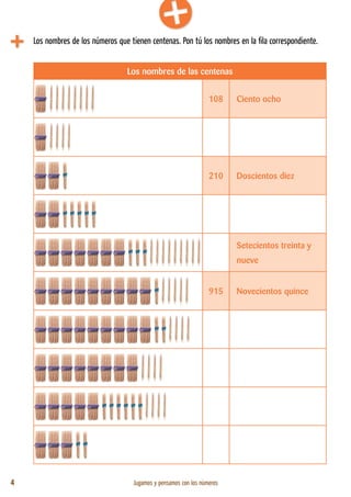 4 Jugamos y pensamos con los números
Los nombres de los números que tienen centenas. Pon tú los nombres en la fila correspondiente.
Los nombres de las centenas
108 Ciento ocho
210 Doscientos diez
Setecientos treinta y
nueve
915 Novecientos quince
 