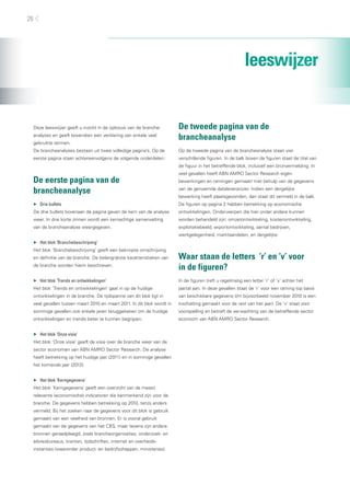 26




                                                                                                         leeswijzer


 Deze leeswijzer geeft u inzicht in de opbouw van de branche-          De tweede pagina van de
 analyses en geeft bovendien een verklaring van enkele veel
                                                                       brancheanalyse
 gebruikte termen.
 De brancheanalyses bestaan uit twee volledige pagina’s. Op de         Op de tweede pagina van de brancheanalyse staan vier
 eerste pagina staan achtereenvolgens de volgende onderdelen:          verschillende figuren. In de balk boven de figuren staat de titel van
                                                                       de figuur in het betreffende blok, inclusief een bronvermelding. In
                                                                       veel gevallen heeft ABN AMRO Sector Research eigen
 De eerste pagina van de                                               bewerkingen en ramingen gemaakt met behulp van de gegevens

 brancheanalyse                                                        van de genoemde dataleverancier. Indien een dergelijke
                                                                       bewerking heeft plaatsgevonden, dan staat dit vermeld in de balk.
 ▶ Drie bullets                                                        De figuren op pagina 2 hebben betrekking op economische
 De drie bullets bovenaan de pagina geven de kern van de analyse       ontwikkelingen. Onderwerpen die hier onder andere kunnen
 weer. In drie korte zinnen wordt een kernachtige samenvatting         worden behandeld zijn: omzetontwikkeling, kostenontwikkeling,
 van de brancheanalyse weergegeven.                                    exploitatiebeeld, exportontwikkeling, aantal bedrijven,
                                                                       werkgelegenheid, marktaandelen, en dergelijke.
 ▶ Het blok ‘Branchebeschrijving’
 Het blok ‘Branchebeschrijving’ geeft een beknopte omschrijving
 en definitie van de branche. De belangrijkste karakteristieken van    Waar staan de letters ‘r’ en ‘v’ voor
 de branche worden hierin beschreven.
                                                                       in de figuren?
 ▶ Het blok ‘Trends en ontwikkelingen’                                 In de figuren treft u regelmatig een letter ‘r’ of ‘v’ achter het
 Het blok ‘Trends en ontwikkelingen’ gaat in op de huidige             jaartal aan. In deze gevallen staat de ‘r’ voor een raming (op basis
 ontwikkelingen in de branche. De tijdspanne van dit blok ligt in      van beschikbare gegevens t/m bijvoorbeeld november 2010 is een
 veel gevallen tussen maart 2010 en maart 2011. In dit blok wordt in   inschatting gemaakt voor de rest van het jaar). De ‘v’ staat voor
 sommige gevallen ook enkele jaren teruggekeken om de huidige          voorspelling en betreft de verwachting van de betreffende sector
 ontwikkelingen en trends beter te kunnen begrijpen.                   econoom van ABN AMRO Sector Research.


 ▶ Het blok ‘Onze visie’
 Het blok ‘Onze visie’ geeft de visie over de branche weer van de
 sector economen van ABN AMRO Sector Research. De analyse
 heeft betrekking op het huidige jaar (2011) en in sommige gevallen
 het komende jaar (2012).


 ▶ Het blok ‘Kerngegevens’
 Het blok ‘Kerngegevens’ geeft een overzicht van de meest
 relevante (economische) indicatoren die kenmerkend zijn voor de
 branche. De gegevens hebben betrekking op 2010, tenzij anders
 vermeld. Bij het zoeken naar de gegevens voor dit blok is gebruik
 gemaakt van een veelheid van bronnen. Er is vooral gebruik
 gemaakt van de gegevens van het CBS, maar tevens zijn andere
 bronnen geraadpleegd, zoals brancheorganisaties, onderzoek- en
 adviesbureaus, kranten, tijdschriften, internet en overheids-
 instanties (waaronder product- en bedrijfschappen, ministeries).
 