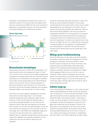 Visie op Nederland        5




bedrijfsleven. Het grootbedrijf, dat relatief sterk op afzet in het                                       Hoewel de investeringen gemiddeld nog afnamen in 2010, was in
buitenland is gericht, kon vorig jaar al weer een duidelijk herstel                                       de loop van het jaar verbetering zichtbaar. Het voorzichtige
laten zien, terwijl daar bij het MKB, dat meer op het binnenland is                                       investeringsherstel na de recessie heeft te maken met de vrij lage
georiënteerd, nog nauwelijks sprake van was. Naar verwachting                                             bezettingsgraad van het machinepark in de industrie. Door de
zal de afzetontwikkeling van het MKB dit jaar bijtrekken.                                                 recessie was de bezetting ongekend sterk afgenomen. Daarna is
                                                                                                          deze weer behoorlijk opgelopen, maar toch is nog sprake van
Uitvoer stijgt verder                                                                                     onderbezetting. Daardoor zijn er weinig prikkels om te investeren
PMI >50 wijst op groei; <50 – krimp                                                                       in uitbreiding. Wel zal worden geïnvesteerd ter vervanging van
                                                                                                          (verouderde) machines of ter verbetering van de concurrentie-
 20                                                                                                  70
                                                                                                          kracht. De investeringen in machines en computers zitten al sinds
                                                                                                          de zomer van 2009 in de lift (+12% in 2010). Ook de investeringen
 10                                                                                                  60
                                                                                                          in transportmiddelen zijn weer gestegen. Het afzetperspectief

                                                                                                     50
                                                                                                          voor het bedrijfsleven is behoorlijk en de financiële positie is
  0
                                                                                                          verbeterd. We verwachten daarom dat de investeringen in 2011
-10                                                                                                  40   zullen stijgen.


-20
      2001         02       03        04        05   06   07       08        09       10      2011
                                                                                                     30   Matige groei kredietverlening
                                                                                                          De economische groei is dit jaar, zoals we schreven, gematigd.
             Uitvoer goederen (% j-o-j; linkeras)              PMI exportorders (index; rechteras)
                                                                                                          De cashflow van bedrijven vertoont een opgaande lijn. De inves-
Bron: CBS, Markit NEVI                                                                                    teringsgroei is bescheiden. De huizenmarkt blijft in mineur.
                                                                                                          De rente is laag maar stijgt wel wat. Binnen dit scenario is een
                                                                                                          explosieve groei van de Nederlandse kredietvraag onwaar-
Binnenlandse bestedingen                                                                                  schijnlijk. En het kredietaanbod? De bankensector heeft de
De particuliere consumptie is in 2010 met 0,4% gestegen. In het                                           kredietcrisis overleefd, veel banken zijn aangesterkt en hebben
laatste kwartaal viel de consumptiegroei iets hoger uit: +0,5%                                            buffers opgebouwd. Maar de rook van de crisis is nog niet
k-o-k. Dat kwam onder meer door het flink hogere energieverbruik                                          verdwenen. Banken moeten zich aanpassen aan de nieuwe
als gevolg van het ongebruikelijk koude weer. Daarnaast waren de                                          realiteit, die inhoudt dat per euro verstrekt krediet meer vermogen
autoverkopen fors. De bescheiden consumptiegroei in heel 2010                                             en liquide middelen nodig zijn. Op termijn kan dat de prijs van
had te maken met de geringe stijging van het reëel beschikbaar                                            krediet doen stijgen. Gelukkig krijgen banken de tijd om naar de
inkomen. Die stond onder druk van matige loonstijgingen en                                                nieuwe realiteit toe te groeien.
banenkrimp. Bovendien was het herstel van het consumenten-
vertrouwen nog niet echt overtuigend. Weliswaar is een opwaartse                                          Inflatie loopt op
beweging zichtbaar, maar deze verloopt met horten en stoten.                                              Sinds medio 2010 lag het inflatietempo op 1,6%, totdat met name
                                                                                                          hogere autobrandstofprijzen de inflatie in december opstuwden
Ook dit jaar is de consumptiegroei nog bepaald niet uitbundig.                                            naar net onder de 2%. In de drie maanden daarna bleef het cijfer
Diverse factoren werken tegen elkaar in. De individuele                                                   gelijk. We verwachten dat door de gestegen prijzen van olie en
koopkracht verslechtert opnieuw. Weliswaar stijgen de lonen                                               voedsel de inflatie in de komende maanden - net als elders in
harder dan in 2010, maar de inflatie valt eveneens hoger uit,                                             Europa - wat verder zal stijgen. Dat proces verloopt in ons land
terwijl de bezuinigingsmaatregelen van de overheid ook de                                                 wat langzamer doordat de energieprijzen voor gezinnen door-
koopkracht drukken. Maar daar staat tegenover dat het aantal                                              gaans twee maal per jaar worden aangepast. Doordat er nog
banen toeneemt. Al met al kan het reëel beschikbaar inkomen iets                                          altijd sprake is van overcapaciteit in de economie zal verdere
meer toenemen dan vorig jaar. Ook de consumptie kan dan wat                                               opwaartse druk beperkt blijven. We verwachten dat de inflatie
meer stijgen dan in 2010. Wellicht zet het geleidelijk toegenomen                                         dit jaar gemiddeld duidelijk boven de 2% uitkomt. Omdat we
vertrouwen de consument ertoe aan om uitgaven die de                                                      ervan uitgaan dat de stijging van de energie- en voedselprijzen
afgelopen jaren zijn uitgesteld vanwege (baan)onzekerheid, alsnog                                         later weer afvlakt, kan de inflatie volgend jaar wat lager uitvallen.
te gaan doen. Mogelijk verder stijgende energieprijzen vormen
uiteraard een risico voor de inflatie en daarmee voor de
koopkracht.
 
